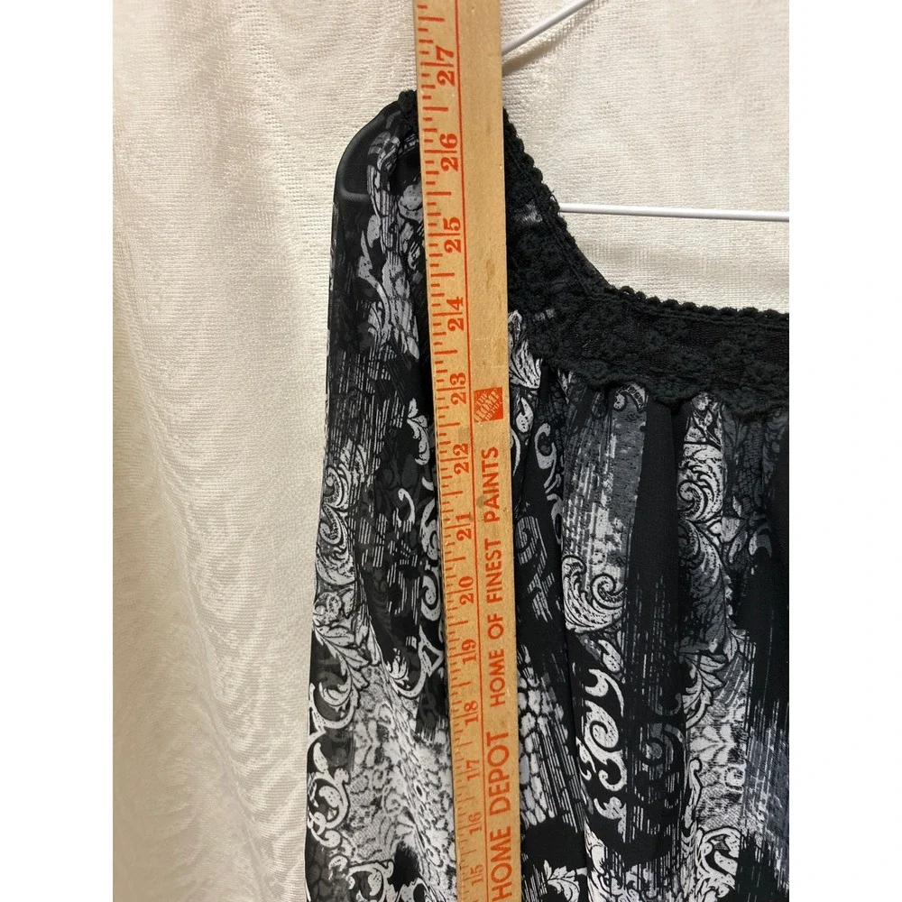 NY Collection Womens Black White Damask Chiffon Blouse Crochet Lace Trim Large - Picture 7 of 8